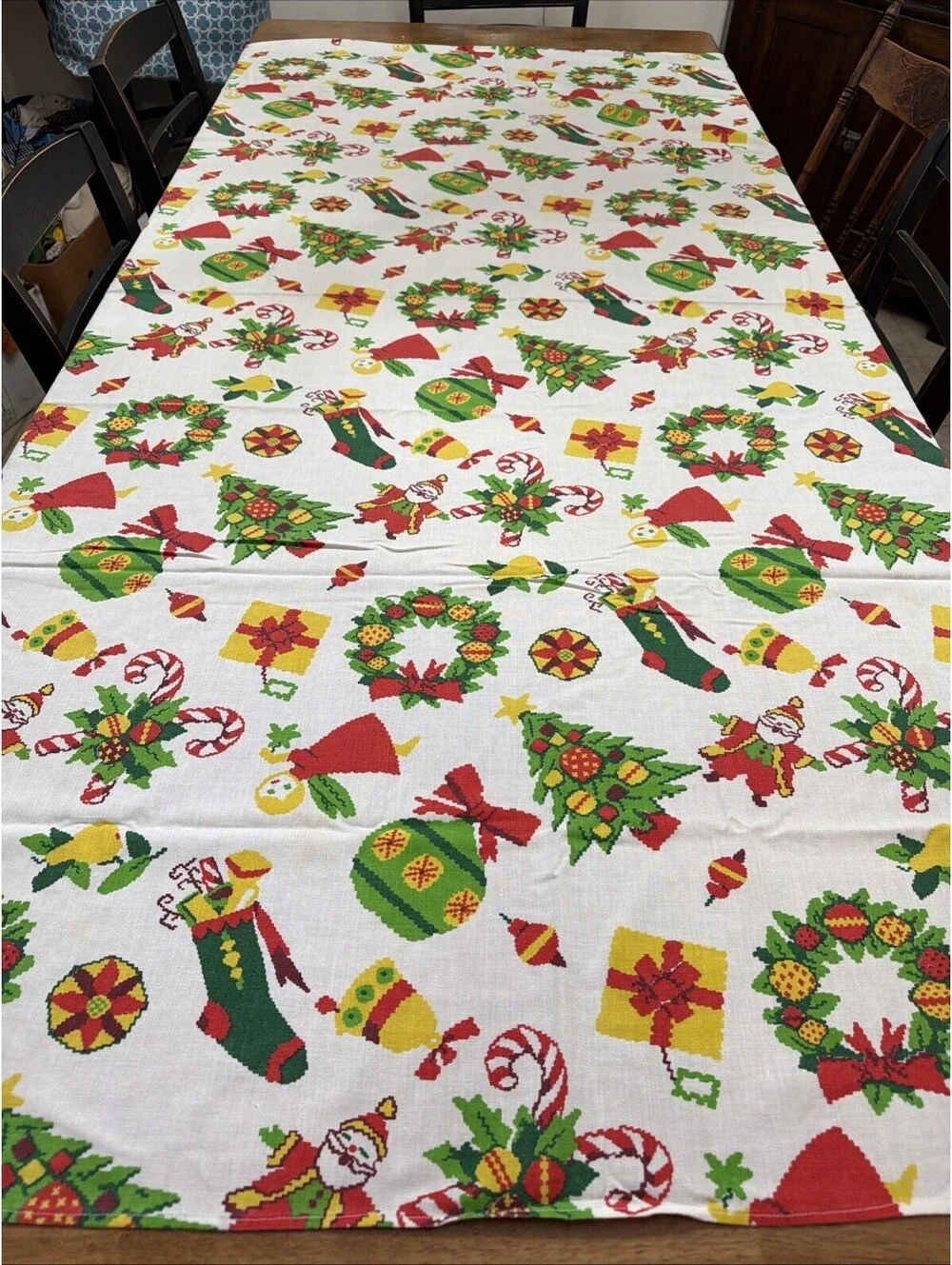 VTG Christmas Tablecloth Kitschy Mid Century Santa Angel Wreath Candy Cane 58x84